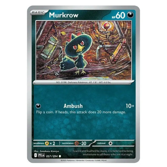 A single Pokémon trading card for Murkrow from the Basic set, shown against a plain white background. The card features artwork of the dark bird character in a swirling, fiery environment, with the name Murkrow at the top and attack text 'Ambush' below.
