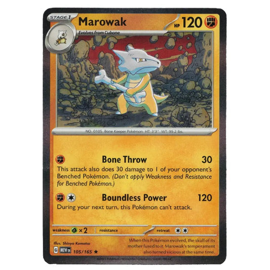 A single Pokémon trading card for Marowak, shown flat against a plain white background. The card has a dark border, an orange-yellow text box, and artwork of a blue-gray Pokémon with a white chest and yellow clothing.