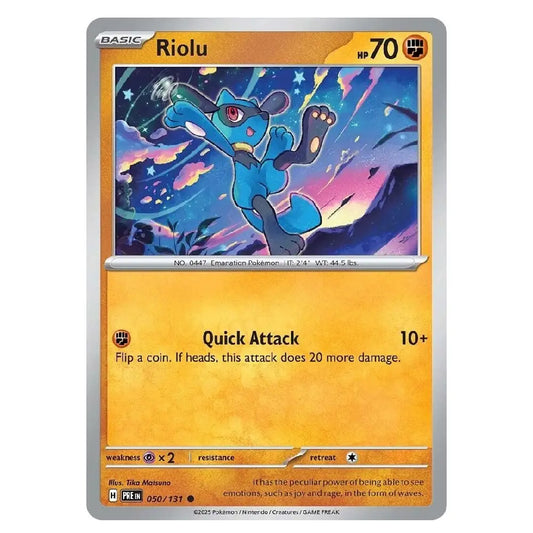 A single Pokémon trading card featuring Riolu from the Basic set, with a gold-orange card frame, silver border, and colorful artwork of the blue dragon-like Pokémon in the center.