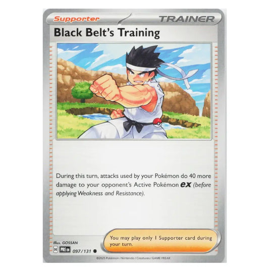 A single Pokémon trading card titled "Black Belt's Training" with a silver border, a colorful illustration of a martial artist in white gi, and rules text on a white background.