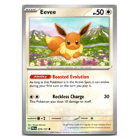 A single Pokémon trading card for Eevee, shown front-facing on a plain light background. The card has a silver border, the name Eevee at the top, HP 50, and artwork of a brown-and-yellow fox-like creature in a grassy landscape with flowers and mountains.