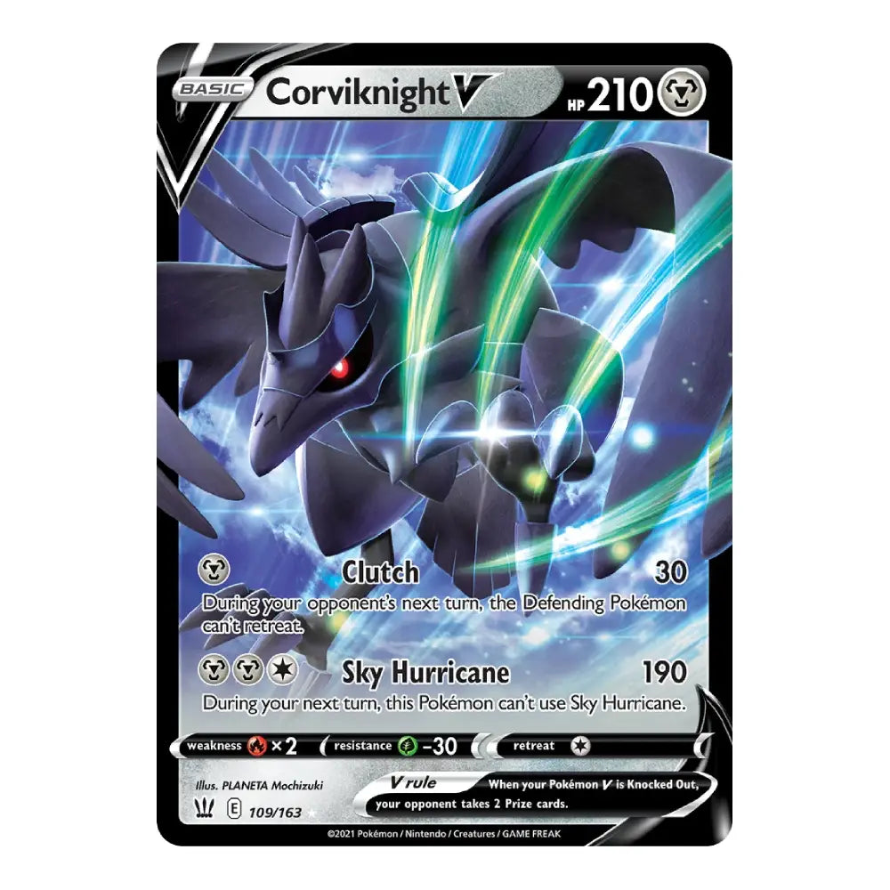 A single Pokémon trading card featuring Corviknight V from the V rugal set. The card has a black border, a blue and gray illustration of the Corviknight with green energy trails, and text showing HP 210, Clutch 30, and Sky Hurricane 190.