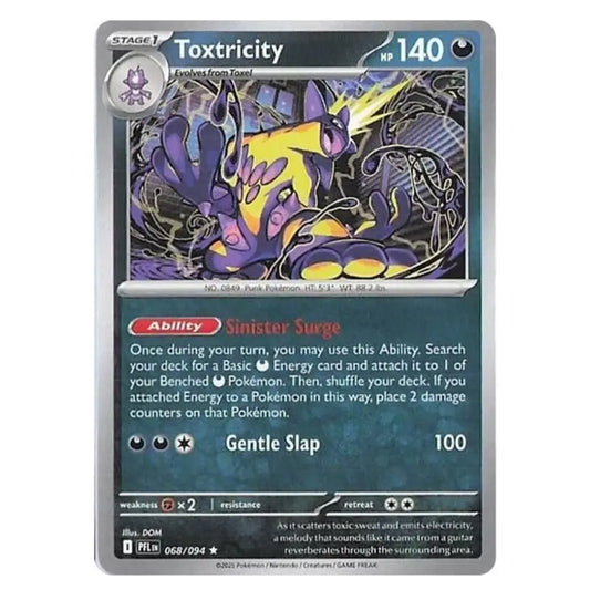 A single Pokémon trading card for Toxtricity, shown against a plain light gray background. The card features artwork of the purple and yellow electric ghost-type Pokémon, with text detailing its abilities and stats.