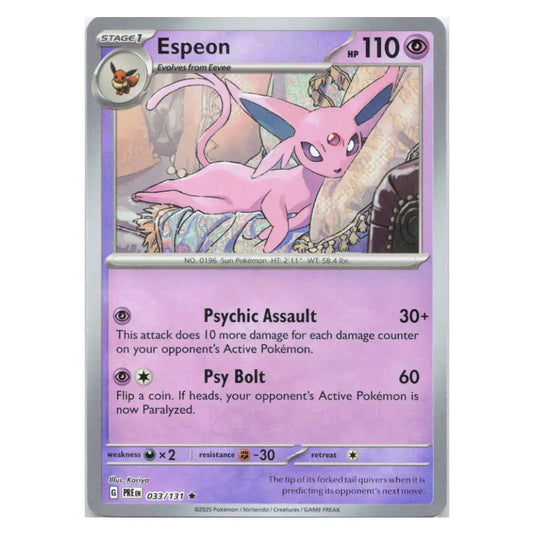 A single Pokémon trading card for Espeon, shown against a plain white background. The card features a silver border, a pink illustration of Espeon in the center, and purple text boxes with attack details like Psychic Assault and Psy Bolt.