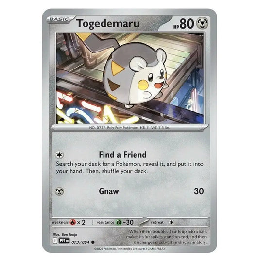 A single Pokémon trading card for Togedemaru from the Basic set, shown against a plain white background. The card features a silver border, character artwork of a round white and gray creature, and printed text including 'Togedemaru', 'HP 80', and 'Gnaw 30'.