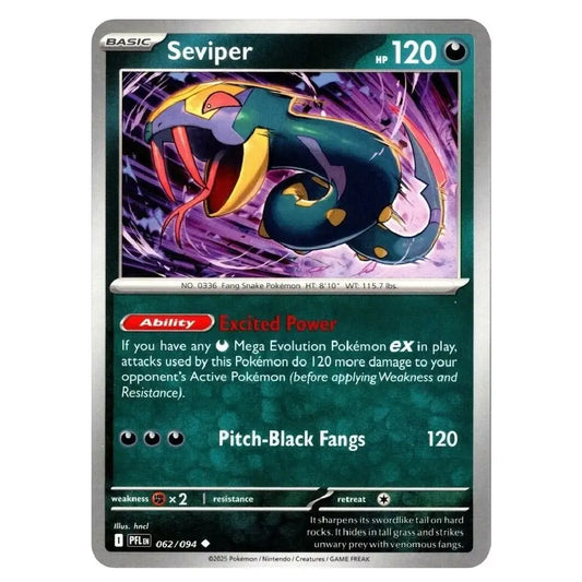 A single Pokémon trading card for Seviper from the 2024 TCG Rising Storm expansion. The card features artwork of the Seviper with its signature color scheme of teal, yellow, and red, set against a dark purple background.