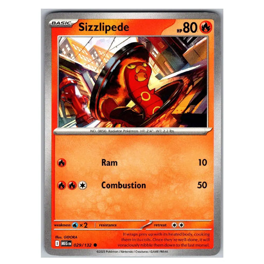 A single Pokémon trading card for Sizzlipede from the Basic set, shown against a plain white background. The card features an orange and red design with artwork of the character in a fiery mechanical scene.