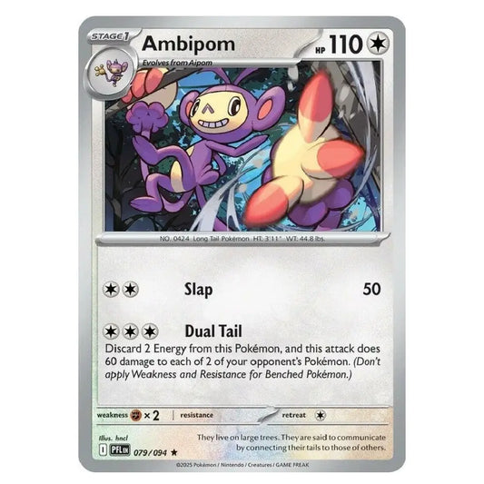 A single Pokémon trading card for Ambipom, shown straight-on against a plain white background. The card has a silver border, the Pokémon logo in the top-left, the character name Ambipom at the top, HP 110, and attack text including Slap and Dual Tail.