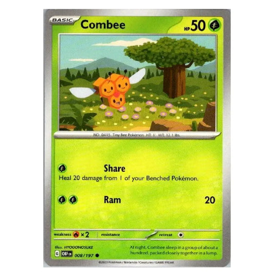 A single Pokémon trading card for the character Combbee, shown against a plain white background. The card has a green and yellow gradient design with an illustration of two orange Combbee figures in a grassy landscape with a tree.