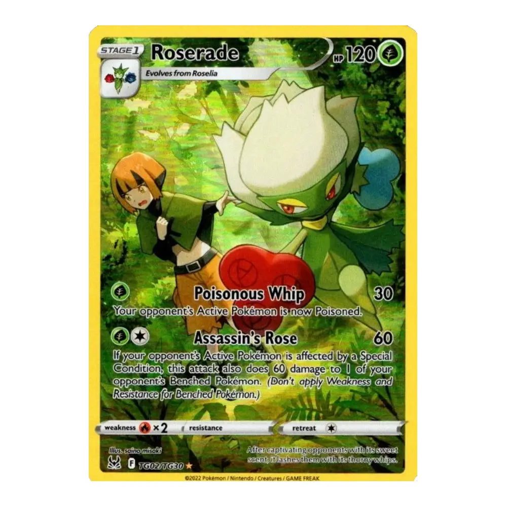 A single Pokémon trading card featuring Roserade, a Stage 1 Grass-type Pokémon. The card has a bright yellow border, green and white artwork of Roserade in a forest, and a character with orange hair on the left.