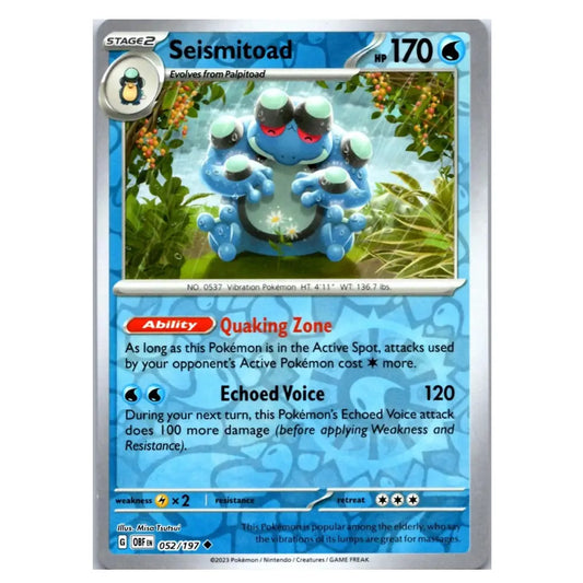 A single Pokémon trading card featuring Seismitoad, a Stage 2 Water-type Pokémon. The card has a blue and silver border with the character artwork in the center, and text detailing its abilities and stats.