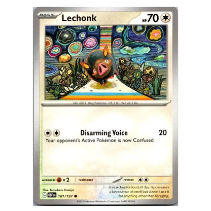 A single Pokémon trading card for Lechonk, shown against a plain white background. The card has a silver border, the Lechonk name at the top, artwork of a pig-like character in a pond, and the text 'Disarming Voice' with a 20 damage value.