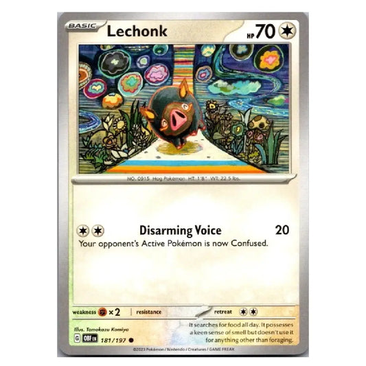A single Pokémon trading card for Lechonk, shown against a plain white background. The card has a silver border, the Lechonk name at the top, artwork of a pig-like character in a pond, and the text 'Disarming Voice' with a 20 damage value.