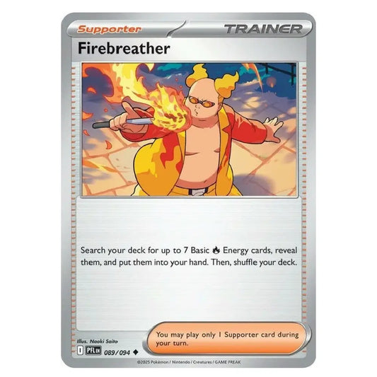 A Pokémon trading card for Firebreather, a Supporter trainer card from the Eevee expansion. The card features a metallic silver border, the 'Supporter' and 'TRAINER' labels, and an illustration of Firebreather holding a flaming torch.