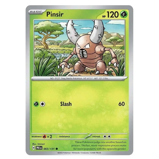 A single Pokémon trading card for Pinsir, shown flat against a plain white background. The card has a green gradient field, a silver border, and artwork of the insect-like Pokémon in the center.