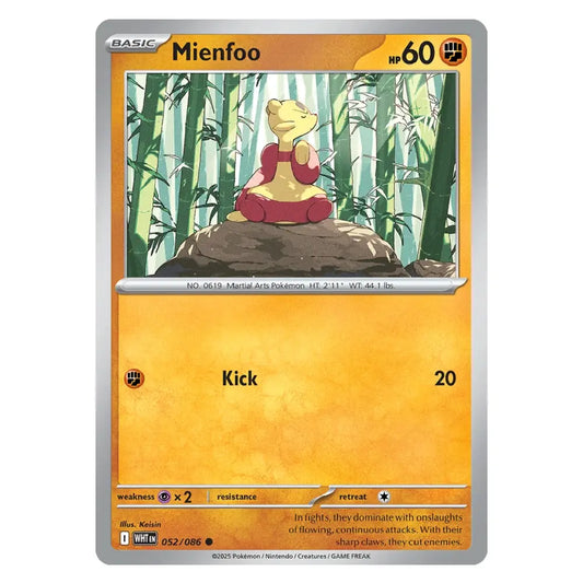 A single Pokémon trading card for Mienfoo from the Basic set, shown against a plain white background. The card features a yellow-orange gradient lower section, a character illustration in a bamboo forest, and game text including 'Mienfoo', 'HP 60', and 'Kick 20'.