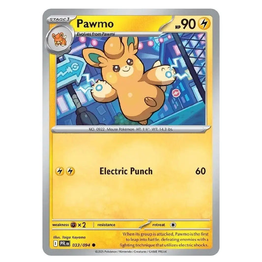 A single Pokémon trading card featuring Pawmo, a Stage 1 Electric-type creature. The card has a yellow and silver border with artwork of the character Pawmo in the center, and text including 'Pawmo', 'Electric Punch', and '60'.