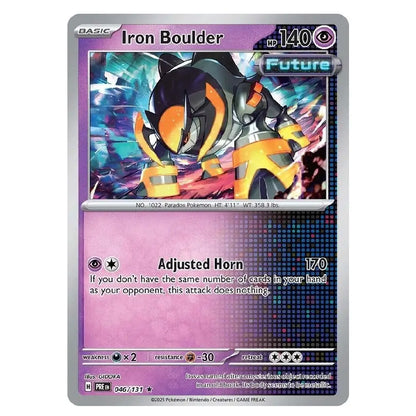 A single Pokémon trading card for Iron Boulder from the Future Evolutions expansion, featuring artwork of the character in a futuristic black and orange armor against a purple and blue background.
