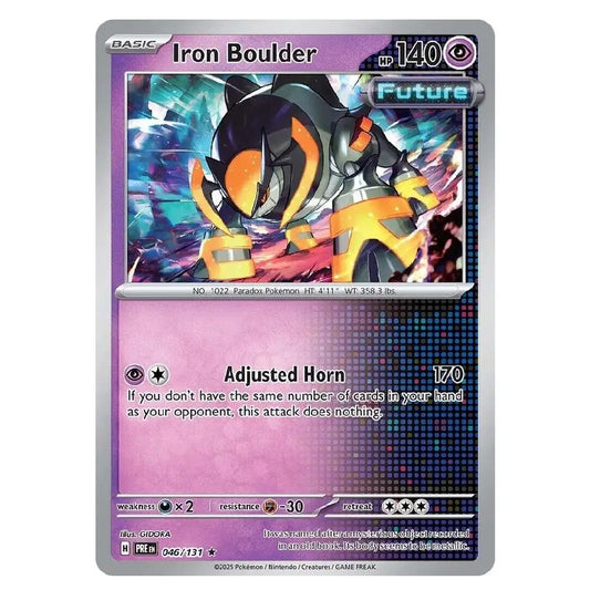 A single Pokémon trading card for Iron Boulder from the Future Evolutions expansion, featuring artwork of the character in a futuristic black and orange armor against a purple and blue background.