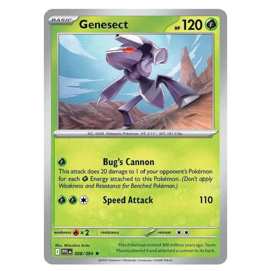 A single Pokémon trading card for Genesect from the Basic set, featuring artwork of the purple insect-like Pokémon, with green and yellow card text areas and a gray border.