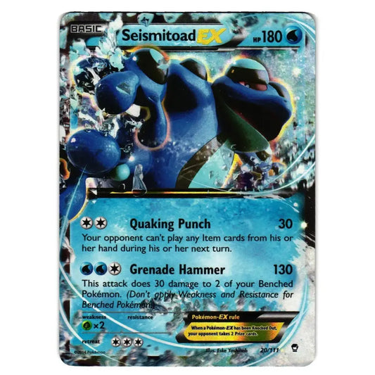 A single Pokémon trading card featuring Seismitoad EX from the Basic set, with artwork of a blue seismic creature and printed game text on a white background.