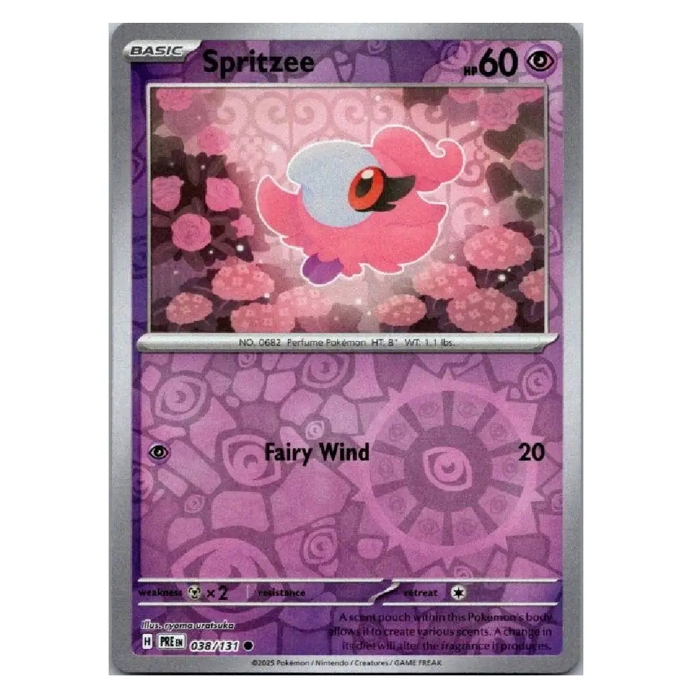 A single Pokémon trading card featuring Spritzee, from the Basic set. The card has a purple and pink patterned design with the name 'Spritzee' at the top and 'Fairy Wind' as the move name.