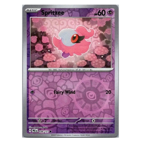 A single Pokémon trading card featuring Spritzee, from the Basic set. The card has a purple and pink patterned design with the name 'Spritzee' at the top and 'Fairy Wind' as the move name.