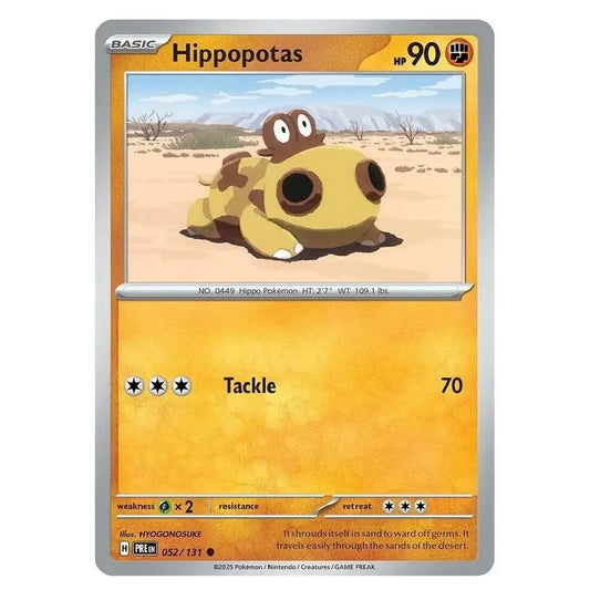 A single Pokémon trading card for Hippopotas from the Basic set, shown against a plain white background. The card features a yellow-orange desert illustration of the Hippopotas, with stats and the Tackle move printed on it.