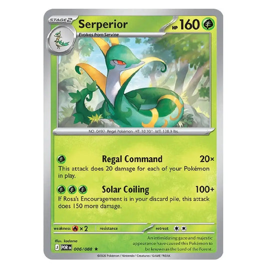 A single Pokémon trading card for Serperior, featuring a green and yellow serpent illustration, stage 2 type indicator, attack text including Regal Command and Solar Coiling, and a Pokémon logo and copyright text.