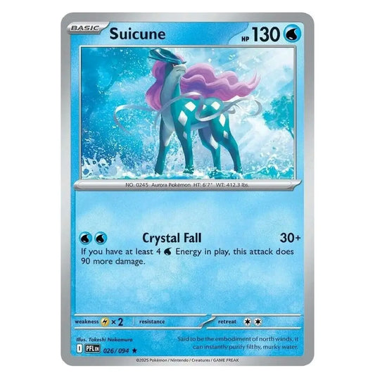 A single Pokémon trading card featuring Suicune from the Basic set, with a blue icy illustration, attack text 'Crystal Fall,' and a silver border on a white background.