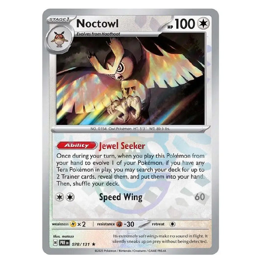 A holographic Pokémon trading card of Noctowl from the 2016 XY Evolutions set, featuring a silver border and a colorful illustration of the bird.