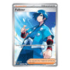 A Pokémon Trading Card Game card for Falkner, a Supporter Trainer. The card features artwork of Falkner with blue hair and a blue outfit against a bright blue background, framed by a silver border with orange and blue text elements.
