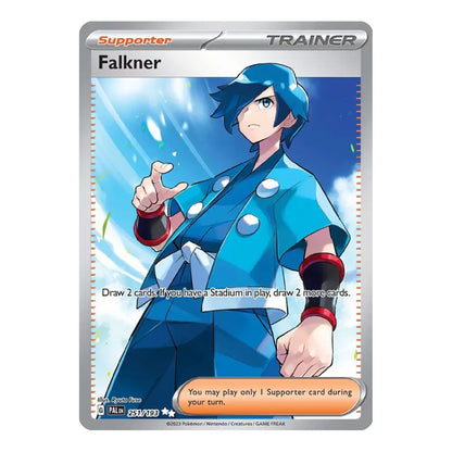A Pokémon Trading Card Game card for Falkner, a Supporter Trainer. The card features artwork of Falkner with blue hair and a blue outfit against a bright blue background, framed by a silver border with orange and blue text elements.