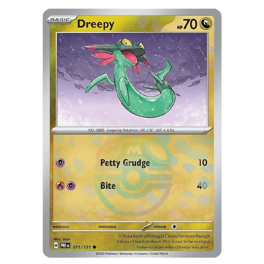 A single Pokémon trading card for Dreepy from the Basic set, featuring a green dragon illustration on a gold and purple card face with a silver border.