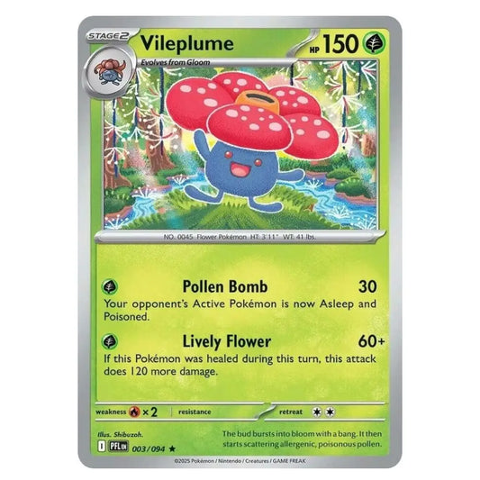A single Pokémon trading card for Vileplume from the 2024 FPhase, featuring a green and yellow layout with the character illustration in the center.