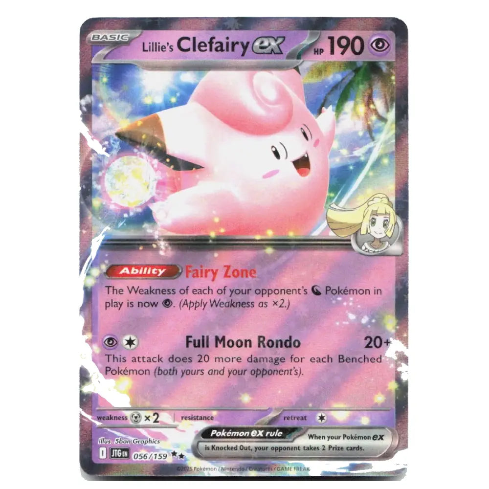 A holographic Pokémon trading card featuring Lillie's Clefairy EX, with a pink Clefairy illustration and colorful sparkly background, photographed against a white background.