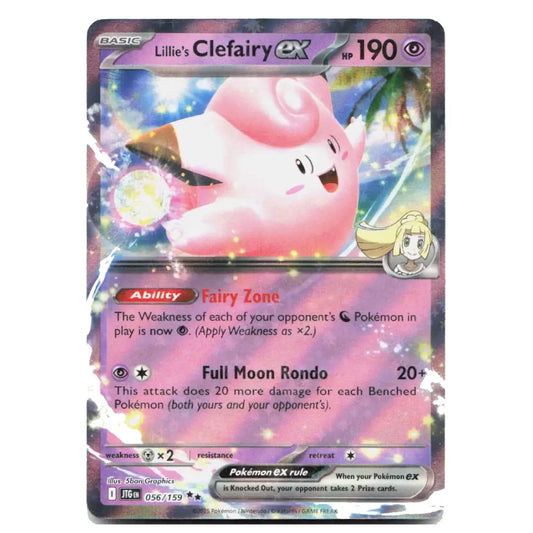 A holographic Pokémon trading card featuring Lillie's Clefairy EX, with a pink Clefairy illustration and colorful sparkly background, photographed against a white background.