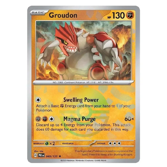 A single Pokémon trading card for Groudon from the Basic set, shown flat against a plain white background. The card features a gray border, yellow-orange lower half, and artwork of Groudon with red armor and fiery effects.