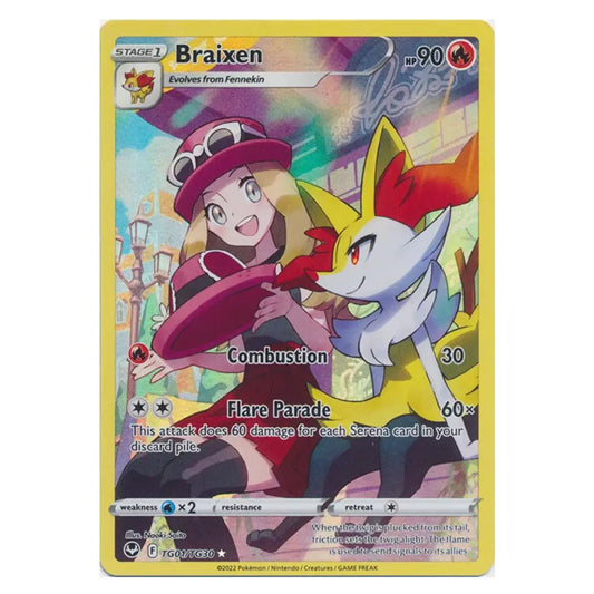 A single Pokémon trading card featuring Braixen, shown against a plain white background. The card has a yellow border and colorful anime artwork with Braixen and a character in a pink hat.
