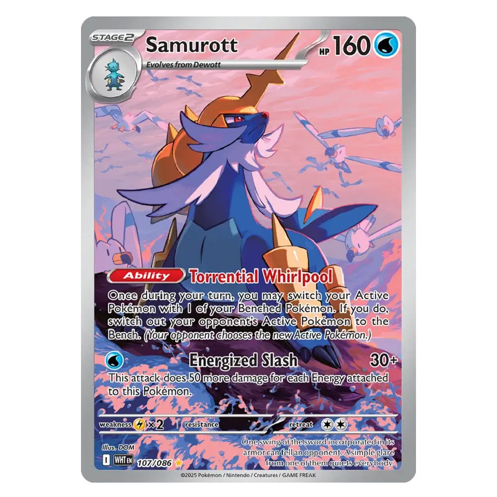 A single Pokémon trading card featuring the character Samurott, shown against a plain white background. The card has a silver border, blue and pink artwork, and visible text including 'Stage 2', 'Samurott', '160', and 'Torrential Whirlwind'.