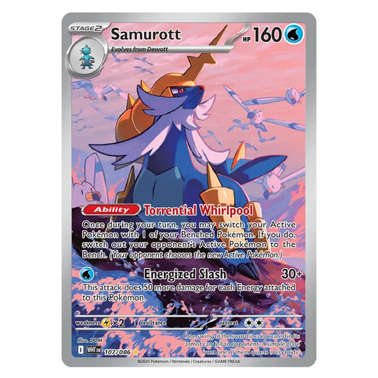 A single Pokémon trading card featuring the character Samurott, shown against a plain white background. The card has a silver border, blue and pink artwork, and visible text including 'Stage 2', 'Samurott', '160', and 'Torrential Whirlwind'.