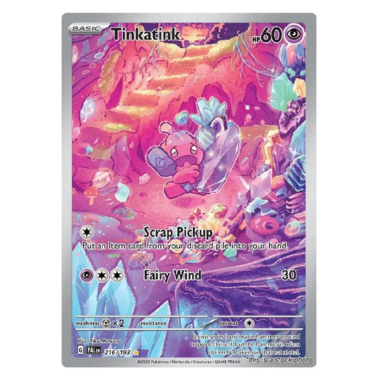 A single Pokémon trading card for Tinkatink from the TCG 2024 Main Lineup, featuring a vibrant pink and purple fantasy illustration with a silver border.