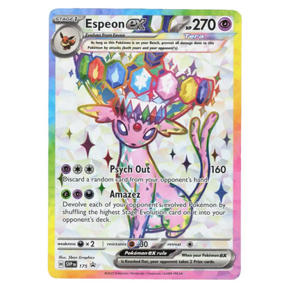 A single Pokémon trading card featuring Espeon EX, shown against a plain white background. The card has a holographic rainbow border and a white central illustration of Espeon surrounded by colorful gem shapes.