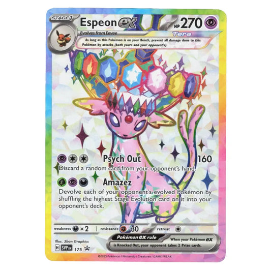 A single Pokémon trading card featuring Espeon EX, shown against a plain white background. The card has a holographic rainbow border and a white central illustration of Espeon surrounded by colorful gem shapes.