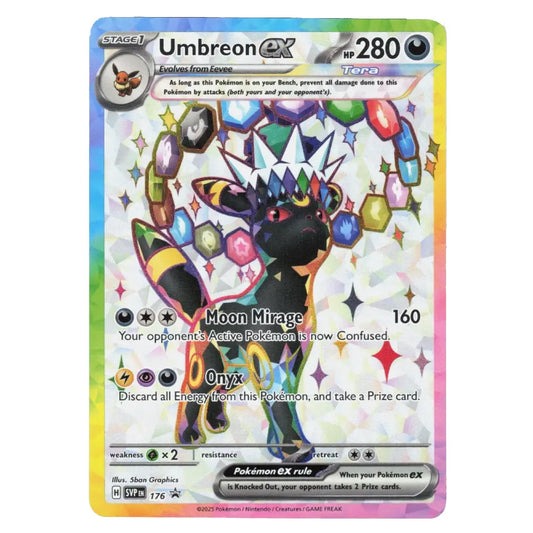 A holographic Pokémon EX Umbreon trading card with a rainbow iridescent border, featuring Umbreon with gem accessories, the text 'Umbreon EX', and a shiny foil background.