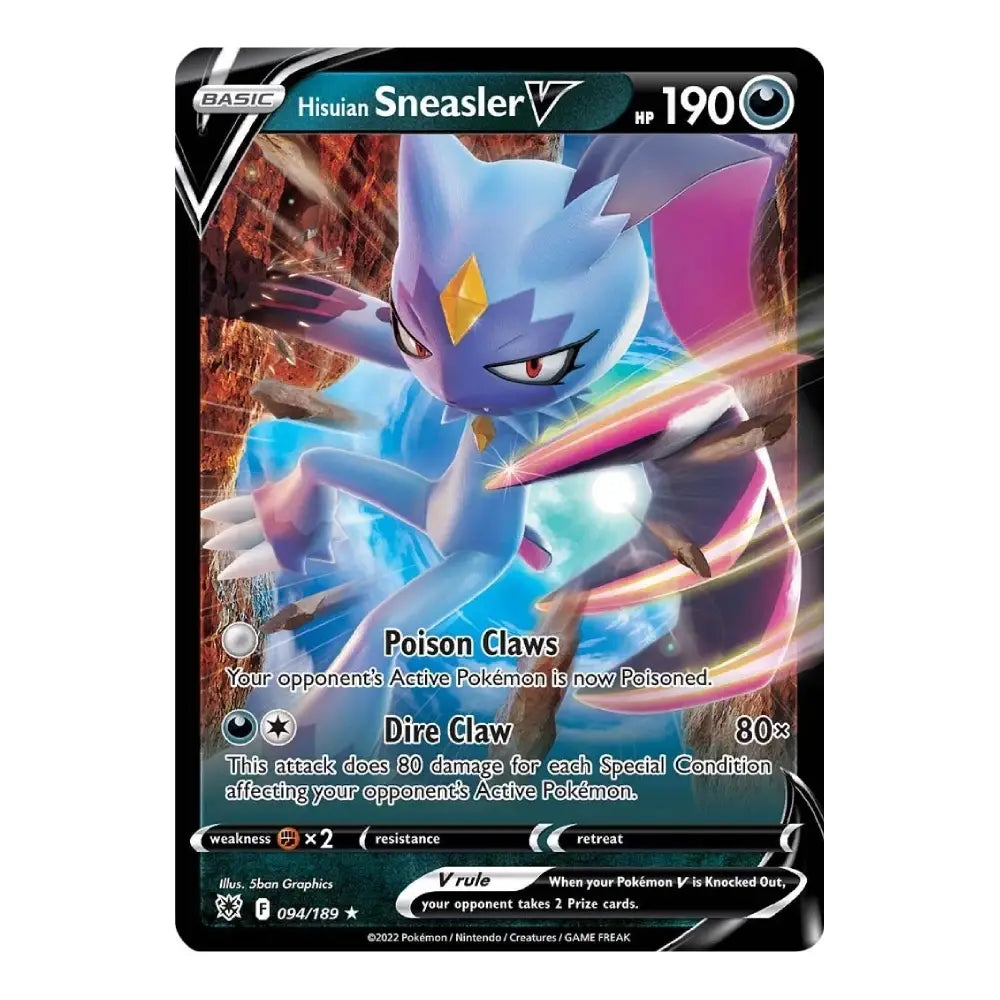 A single Pokémon trading card featuring Hisuian Sneaser V, with a blue and purple creature illustration, black border, and printed game text on a plain white background.
