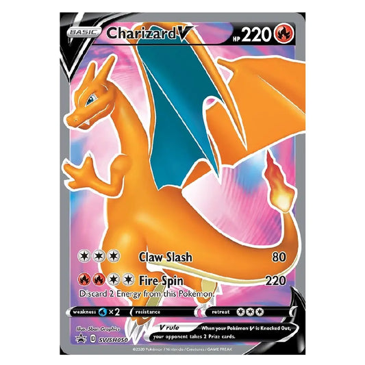 A Charizard V Pokémon trading card from the Basic set, featuring the orange dragon character with teal wings against a pink and blue gradient background.
