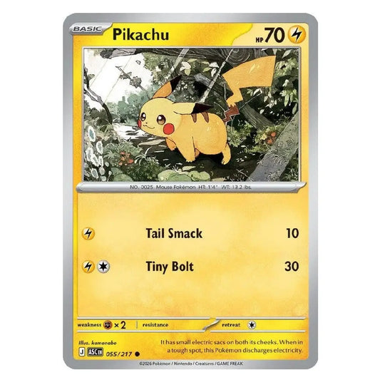 A single Pokémon trading card featuring Pikachu in a forest scene, with the card name 'Pikachu' at the top and yellow health points and attack text below. The card is photographed straight-on against a plain white background.