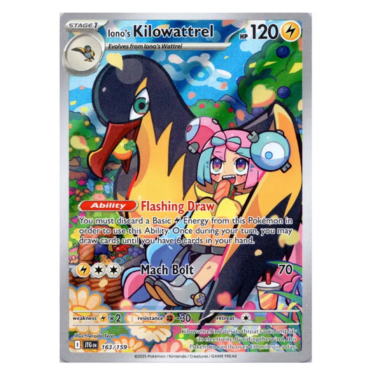 A Pokémon trading card featuring Iono's Kilowattrel, with colorful fantasy artwork of a pink-haired character riding a black and yellow bird-like creature against a blue and green background. The card includes game text, stats, and a silver border.