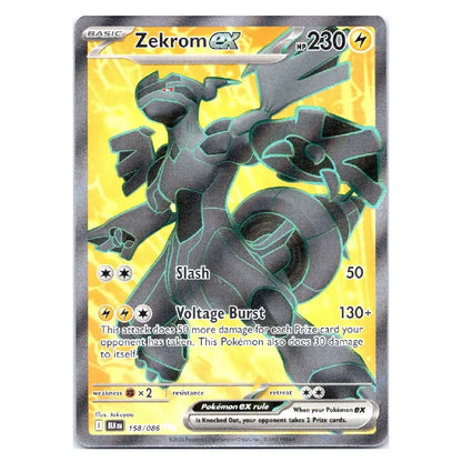 A holographic Pokémon EX card featuring Zekrom, a dark gray electric dragon. The card has a yellow-to-gold gradient background with holographic shimmer and silver borders.